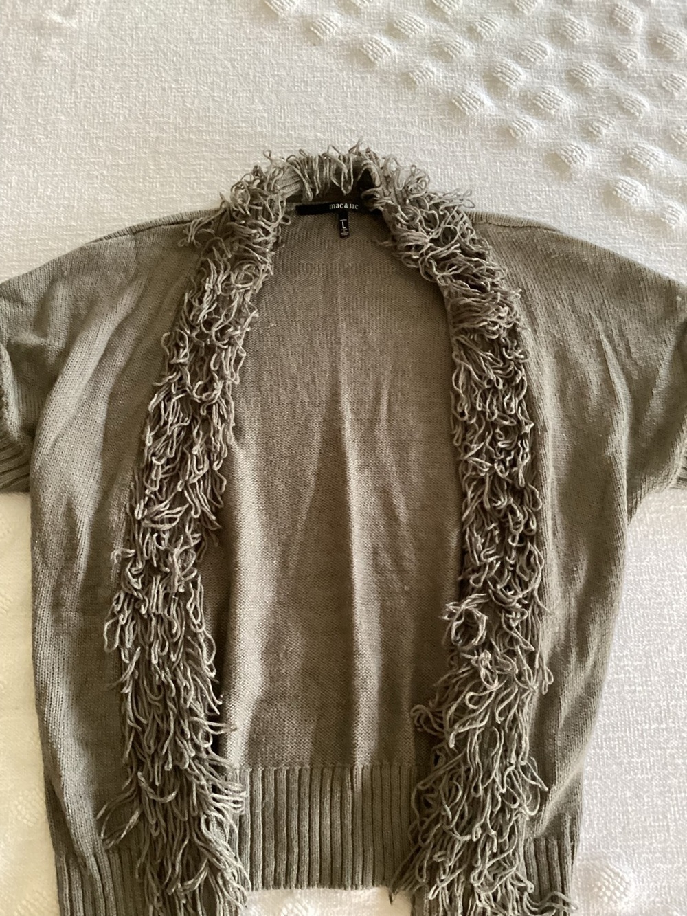 Mac & Jac Cardigan Sweater Short Sleeve Olive Green Women’s Sz L Fringed